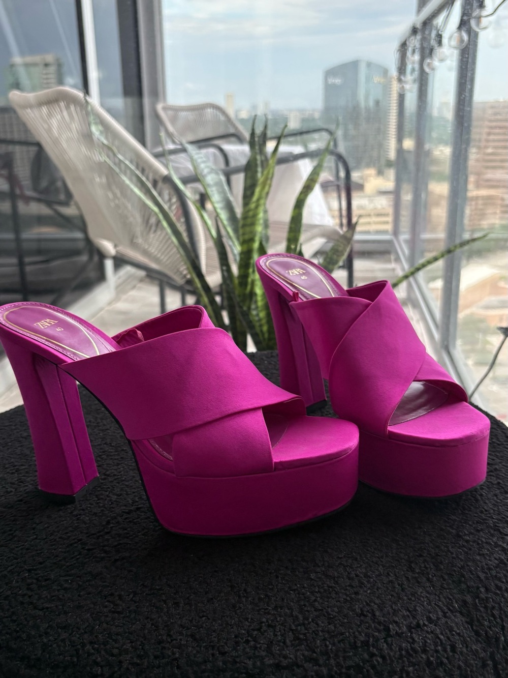Zara Fuschia Pink Satin Platform Mule Heels